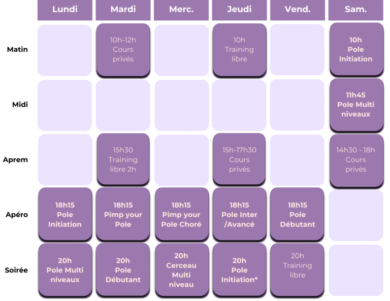 Planning des cours de pole dance bulle aérienne Cours privés matin ou apres midi, Cours collectifs le soir a partir de 18h15