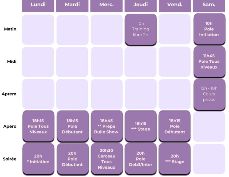 Planning cours collectif La BUlle Aérienne Clisson